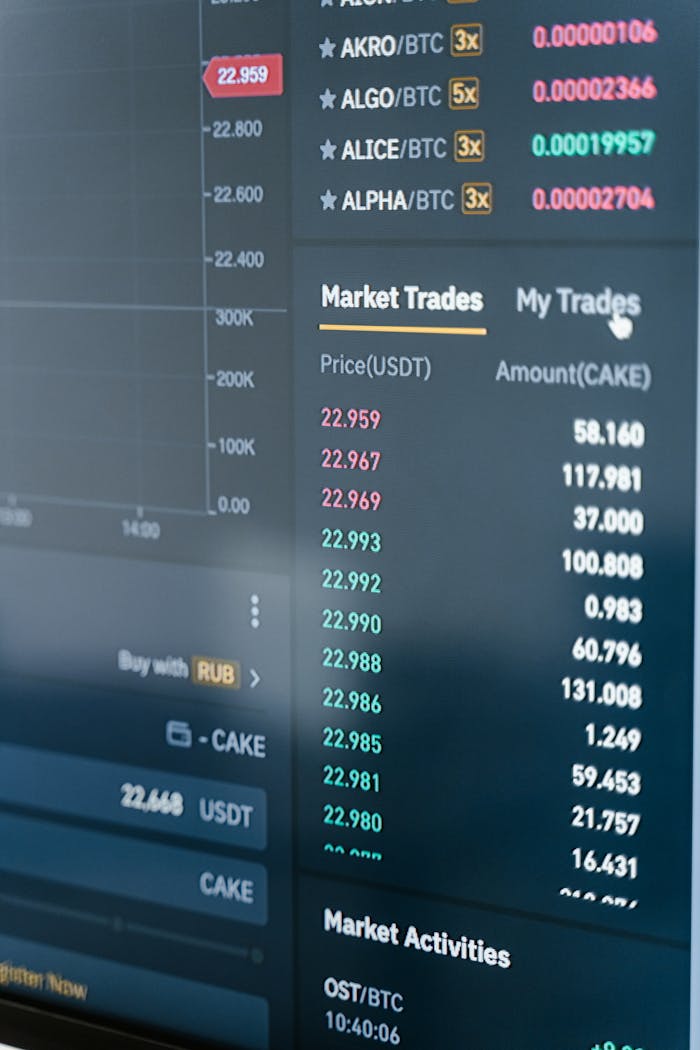 services-02 Close-up of a cryptocurrency trading screen showing market trades and activities.